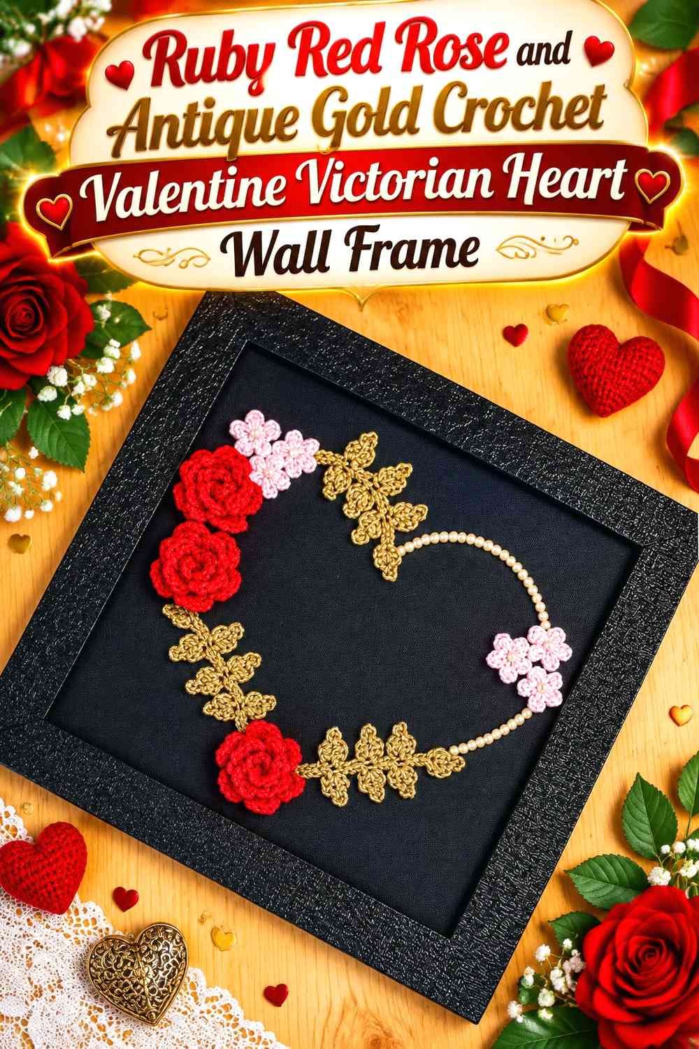 Ruby Red Rose and Antique Gold Crochet Valentine Victorian Heart Wall Frame