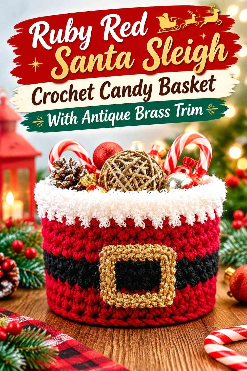 Ruby Red Santa Crochet Sleigh Candy Basket With Antique Brass Trim