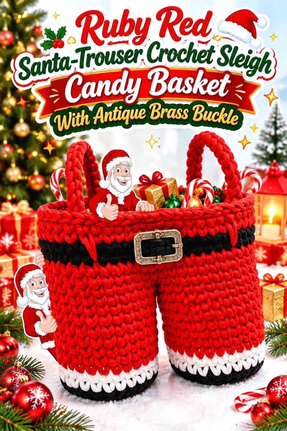 Ruby Red Santa-Trouser Crochet Sleigh Candy Basket With Antique Brass Buckle
