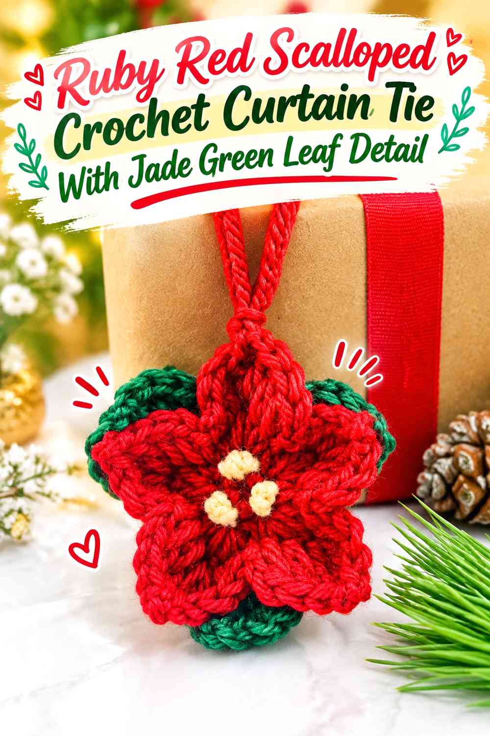 Ruby Red Scalloped Crochet Curtain Tie With Jade Green Leaf Detail
