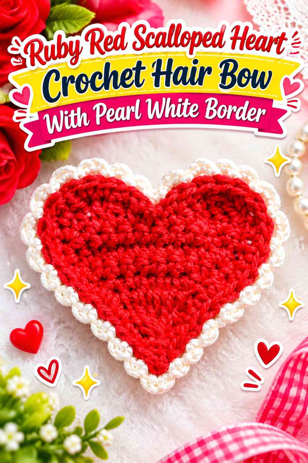 Ruby Red Scalloped Heart Crochet Hair Bow With Pearl White Border