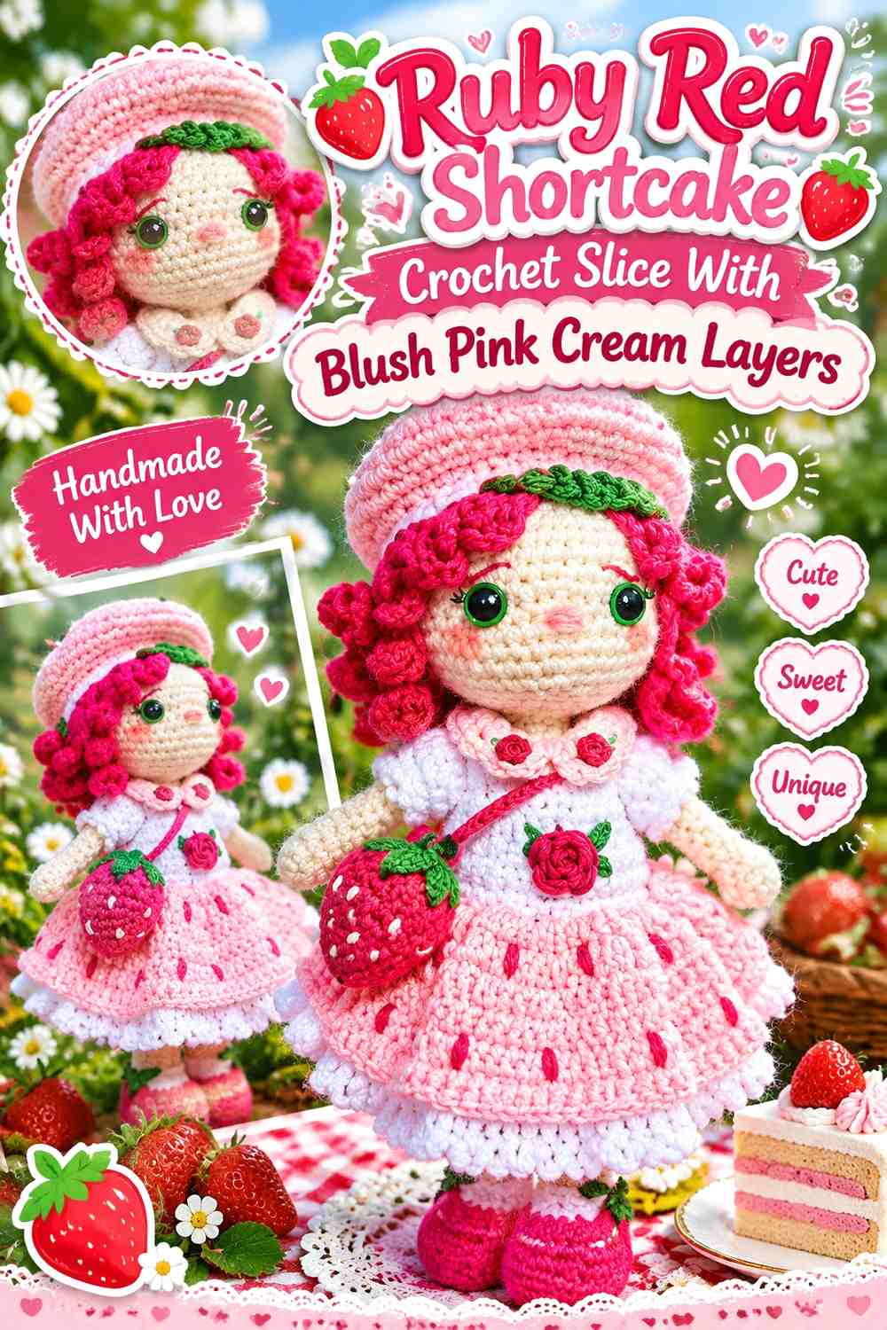 Ruby Red Shortcake Crochet Slice With Blush Pink Cream Layers
