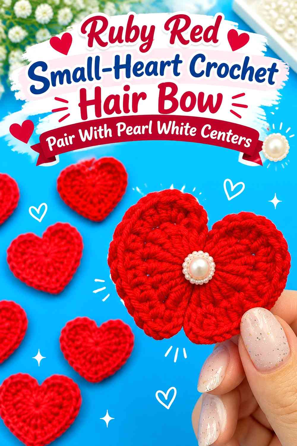 Ruby Red Small-Heart Crochet Hair Bow Pair With Pearl White Centers