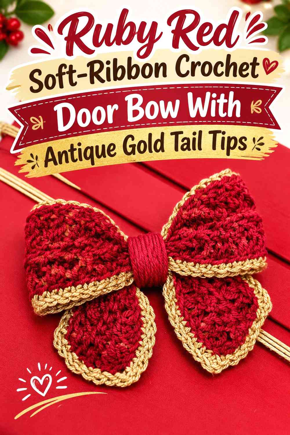 Ruby Red Soft-Ribbon Crochet Door Bow With Antique Gold Tail Tips