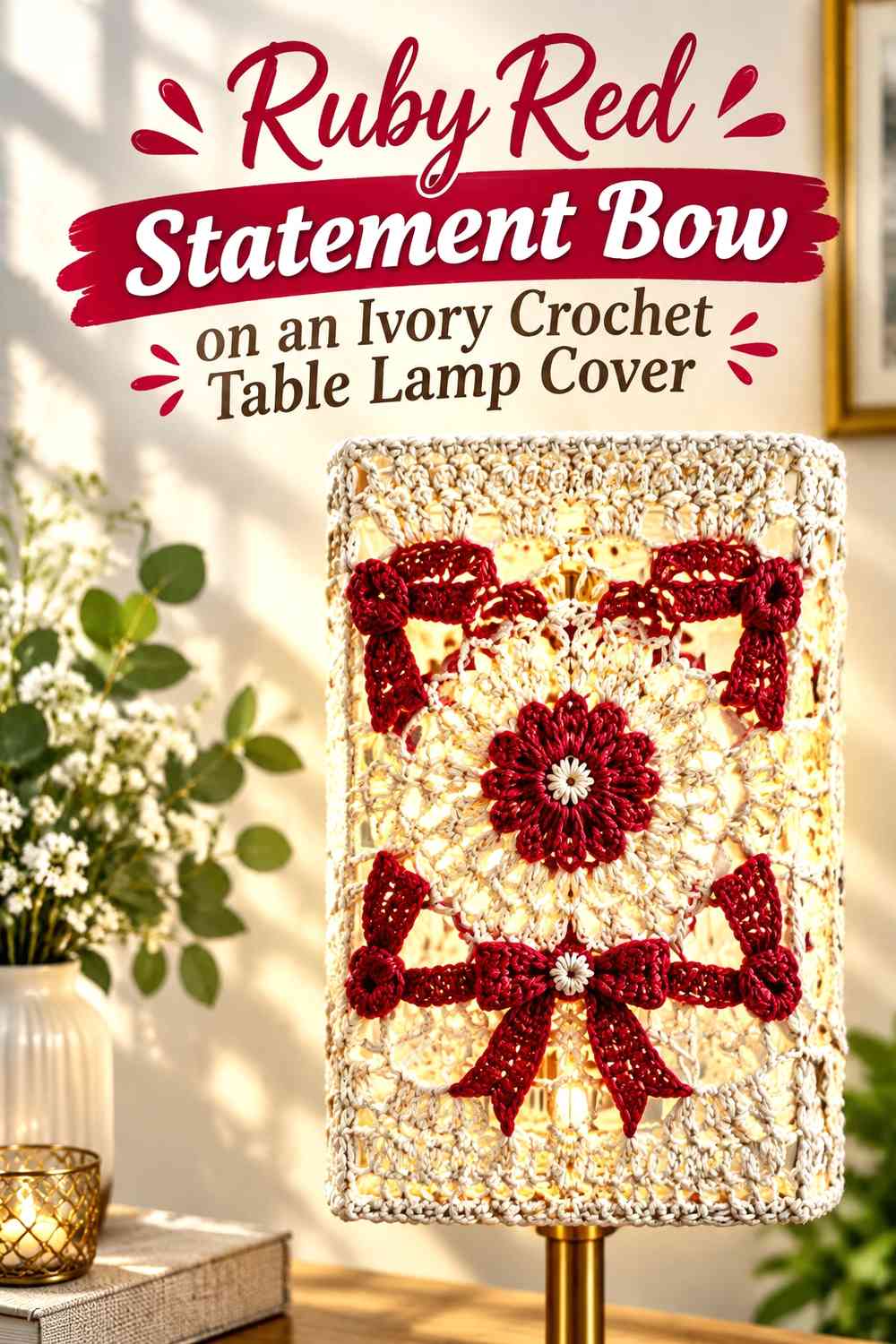 Ruby Red Statement Bow on an Ivory Crochet Table Lamp Cover