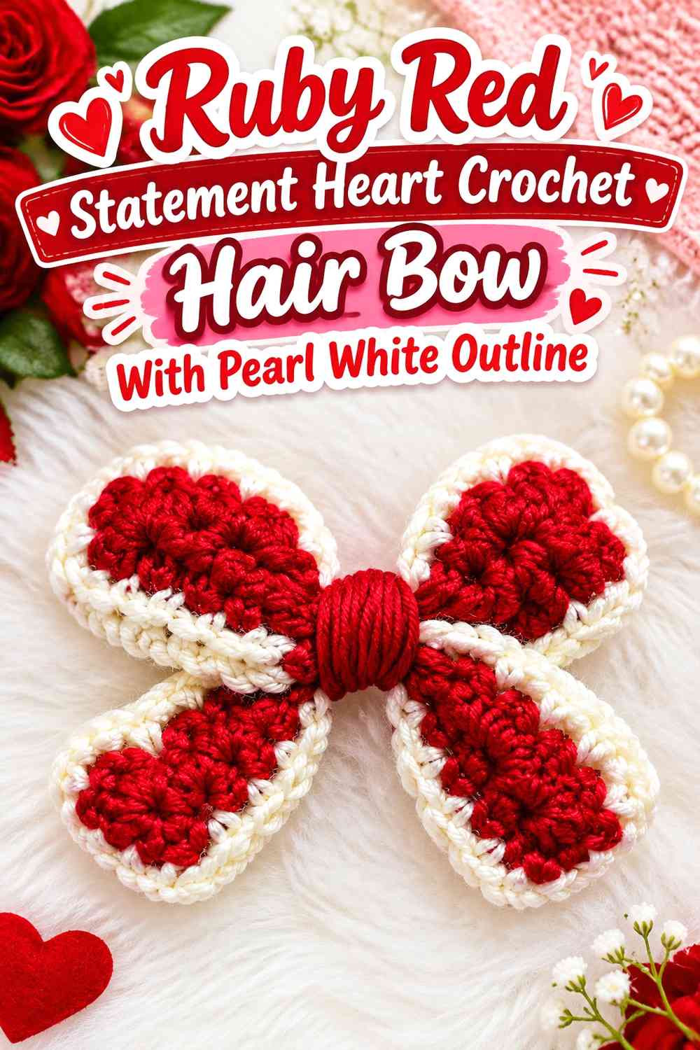 Ruby Red Statement Heart Crochet Hair Bow With Pearl White Outline