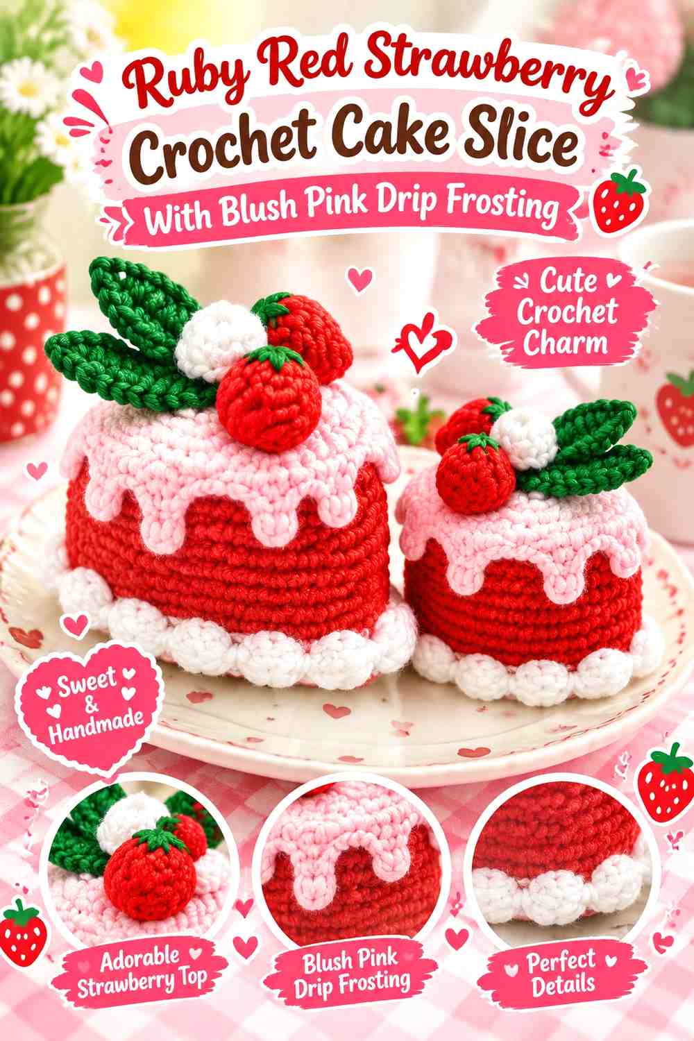 Ruby Red Strawberry Crochet Cake Slice With Blush Pink Drip Frosting