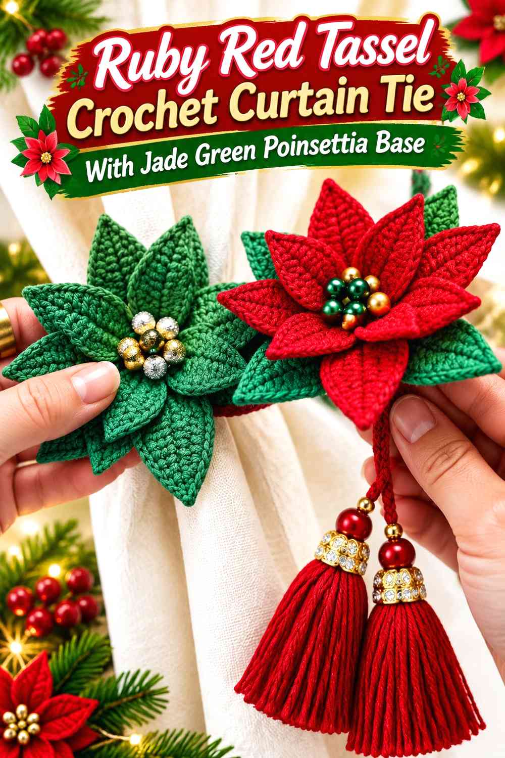 Ruby Red Tassel Crochet Curtain Tie With Jade Green Poinsettia Base