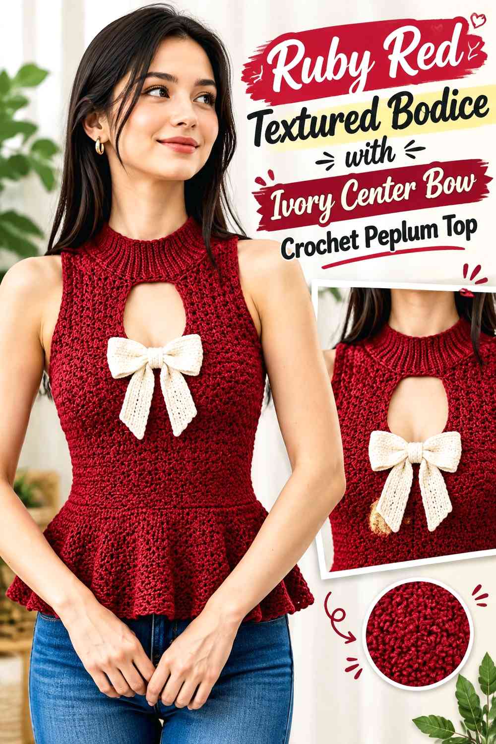 Ruby Red Textured Bodice with Ivory Center Bow Crochet Peplum Top