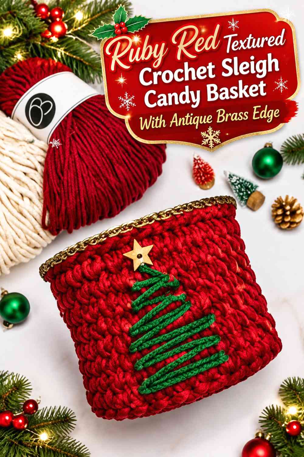 Ruby Red Textured Crochet Sleigh Candy Basket With Antique Brass Edge