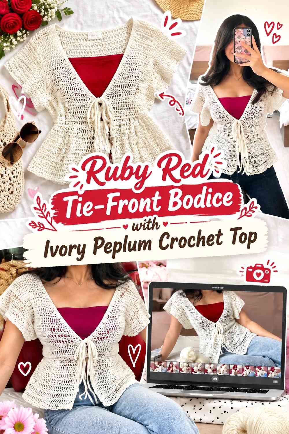 Ruby Red Tie-Front Bodice with Ivory Peplum Crochet Top