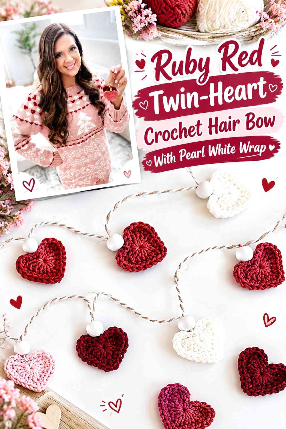 Ruby Red Twin-Heart Crochet Hair Bow With Pearl White Wrap