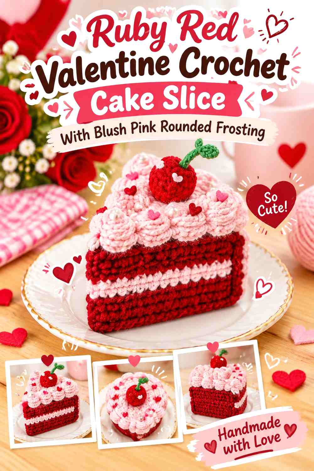 Ruby Red Valentine Crochet Cake Slice With Blush Pink Rounded Frosting