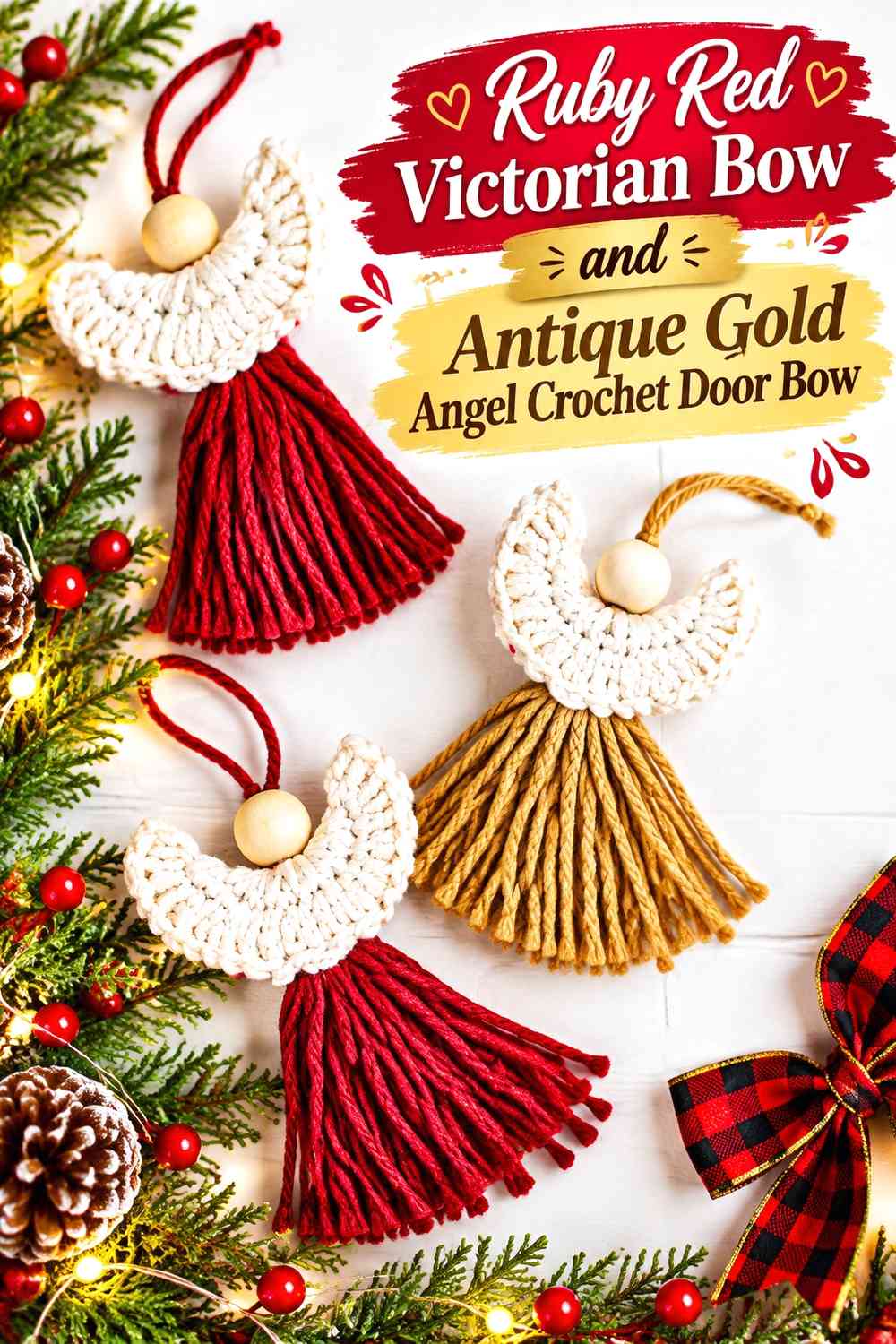 Ruby Red Victorian Bow and Antique Gold Angel Crochet Door Bow