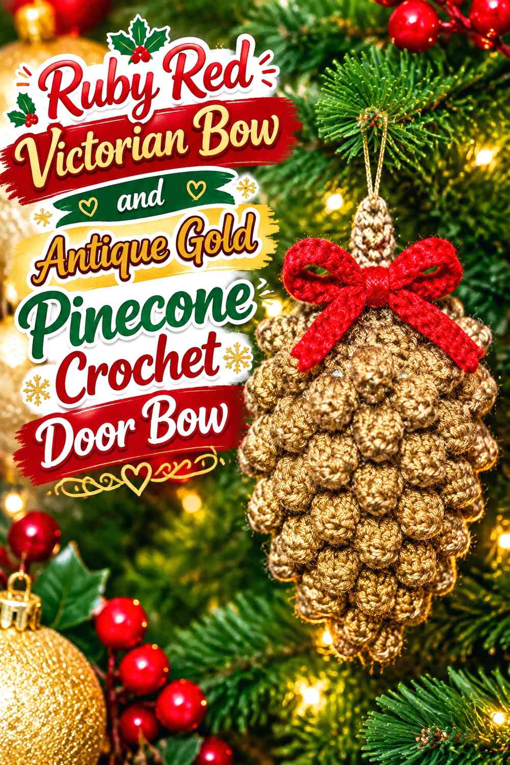 Ruby Red Victorian Bow and Antique Gold Pinecone Crochet Door Bow