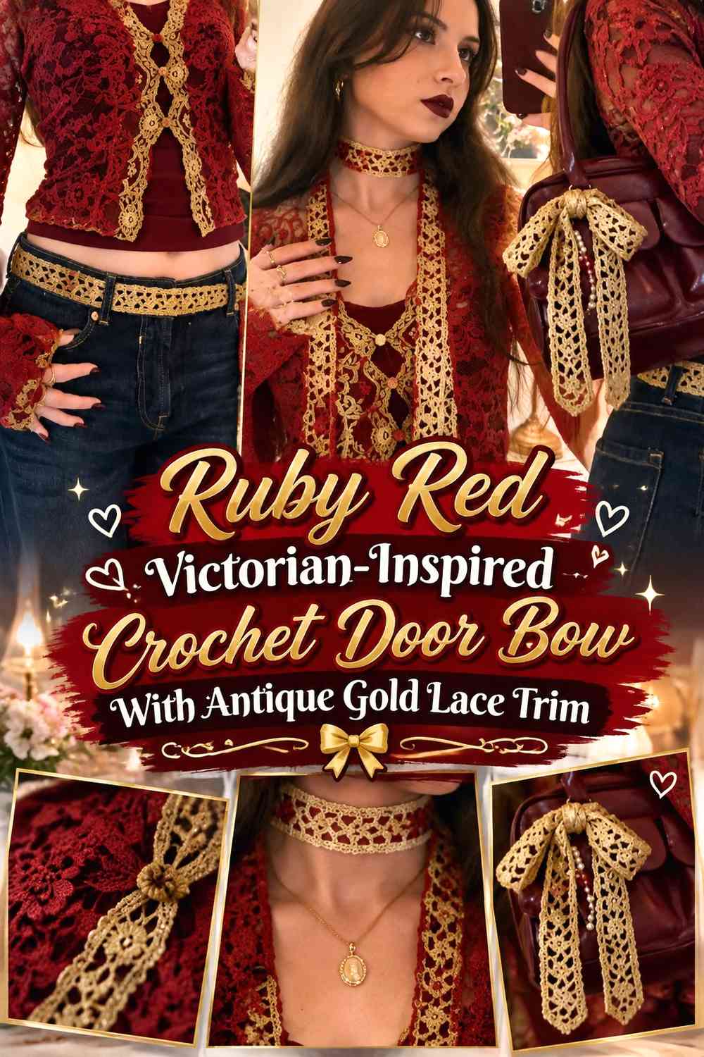 Ruby Red Victorian-Inspired Crochet Door Bow With Antique Gold Lace Trim