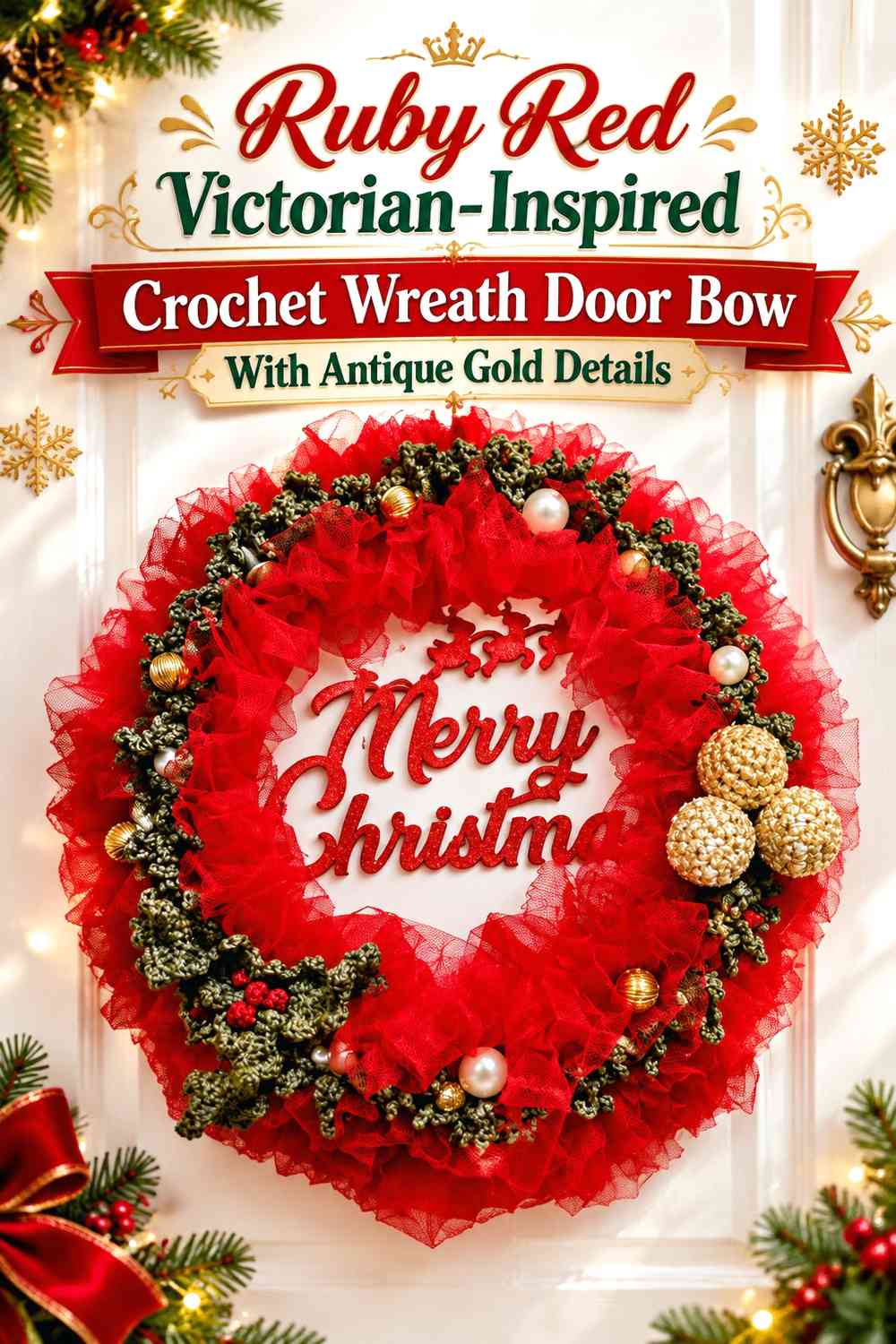 Ruby Red Victorian-Inspired Crochet Wreath Door Bow With Antique Gold Details