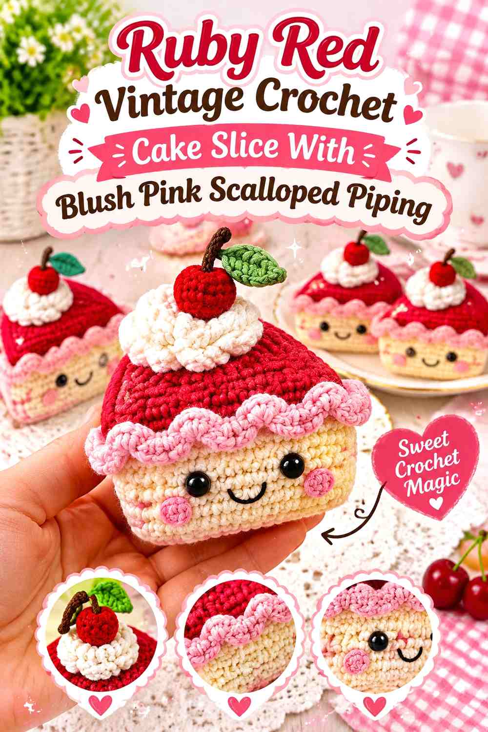 Ruby Red Vintage Crochet Cake Slice With Blush Pink Scalloped Piping