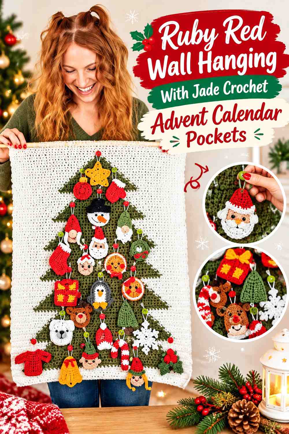 Ruby Red Wall Hanging With Jade Crochet Advent Calendar Pockets