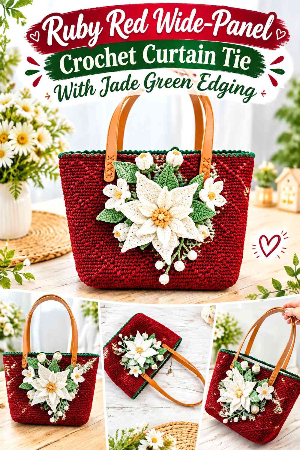 Ruby Red Wide-Panel Crochet Curtain Tie With Jade Green Edging