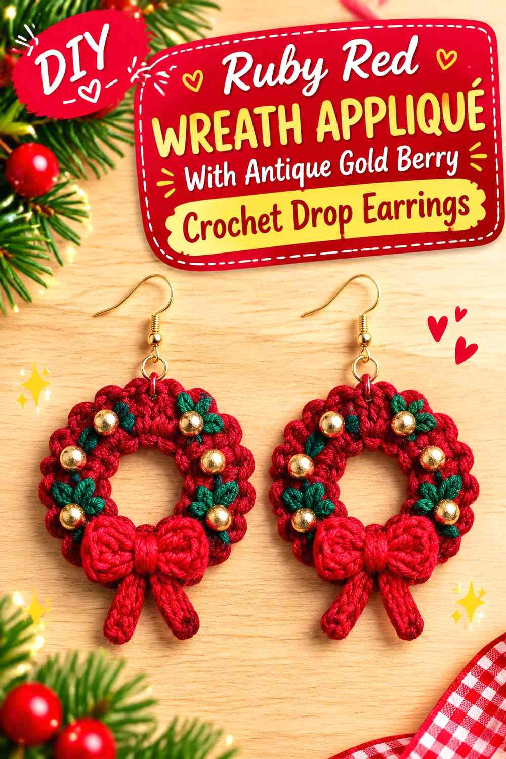 Ruby Red Wreath Appliqué With Antique Gold Berry Crochet Drop Earrings