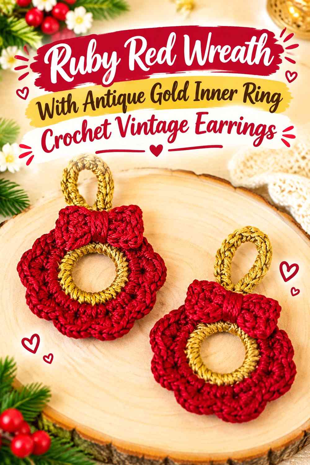 Ruby Red Wreath With Antique Gold Inner Ring Crochet Vintage Earrings