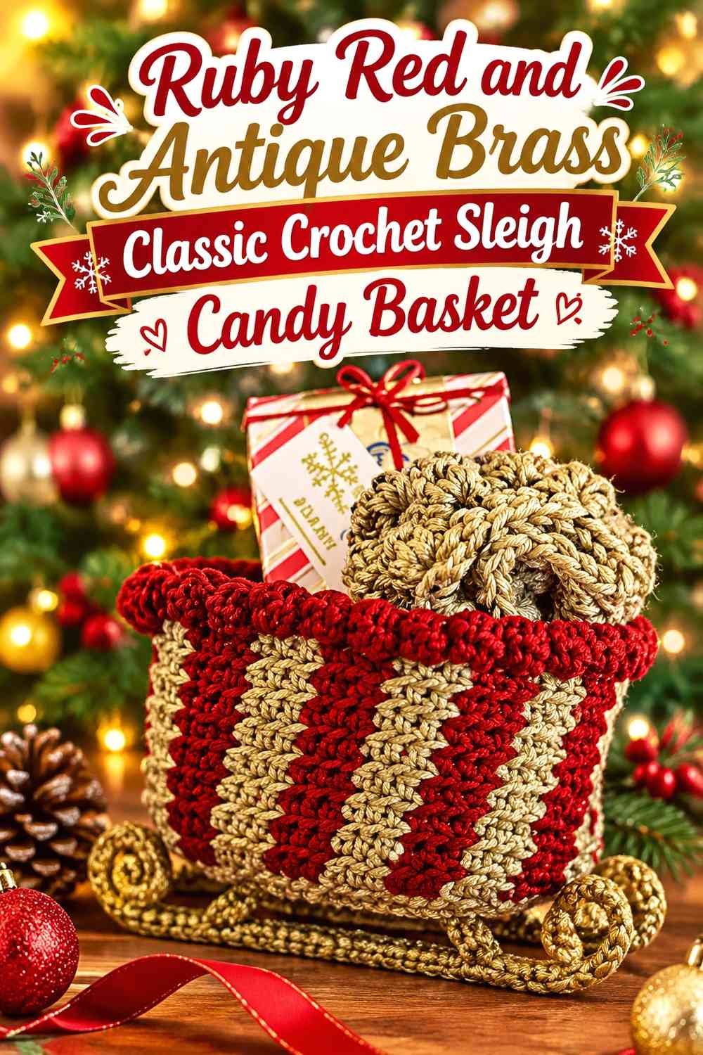 Ruby Red and Antique Brass Classic Crochet Sleigh Candy Basket