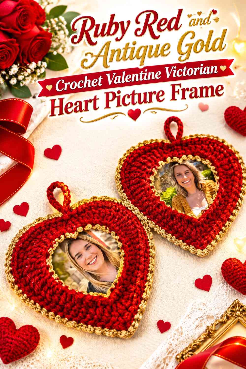 Ruby Red and Antique Gold Crochet Valentine Victorian Heart Picture Frame