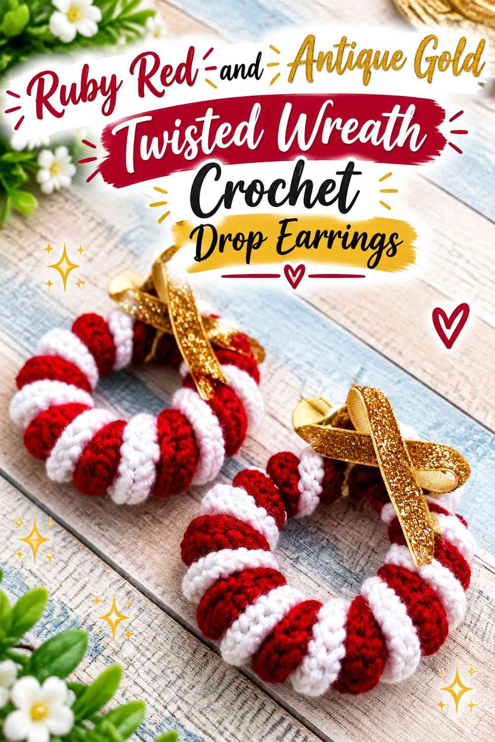 Ruby Red and Antique Gold Twisted Wreath Crochet Drop Earrings