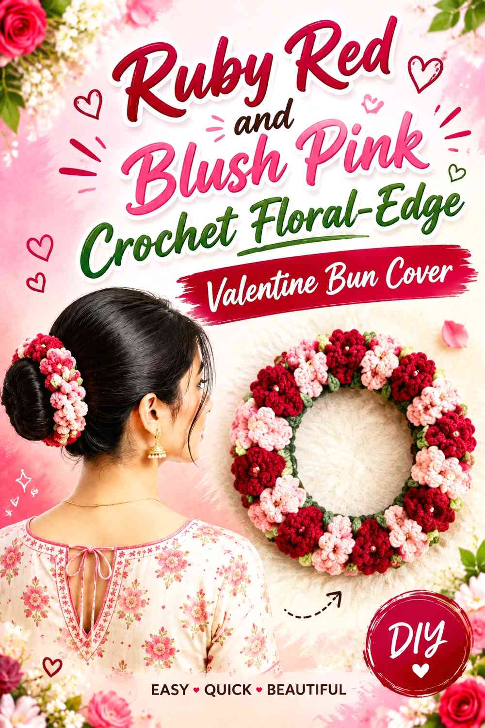 Ruby Red and Blush Pink Crochet Floral-Edge Valentine Bun Cover