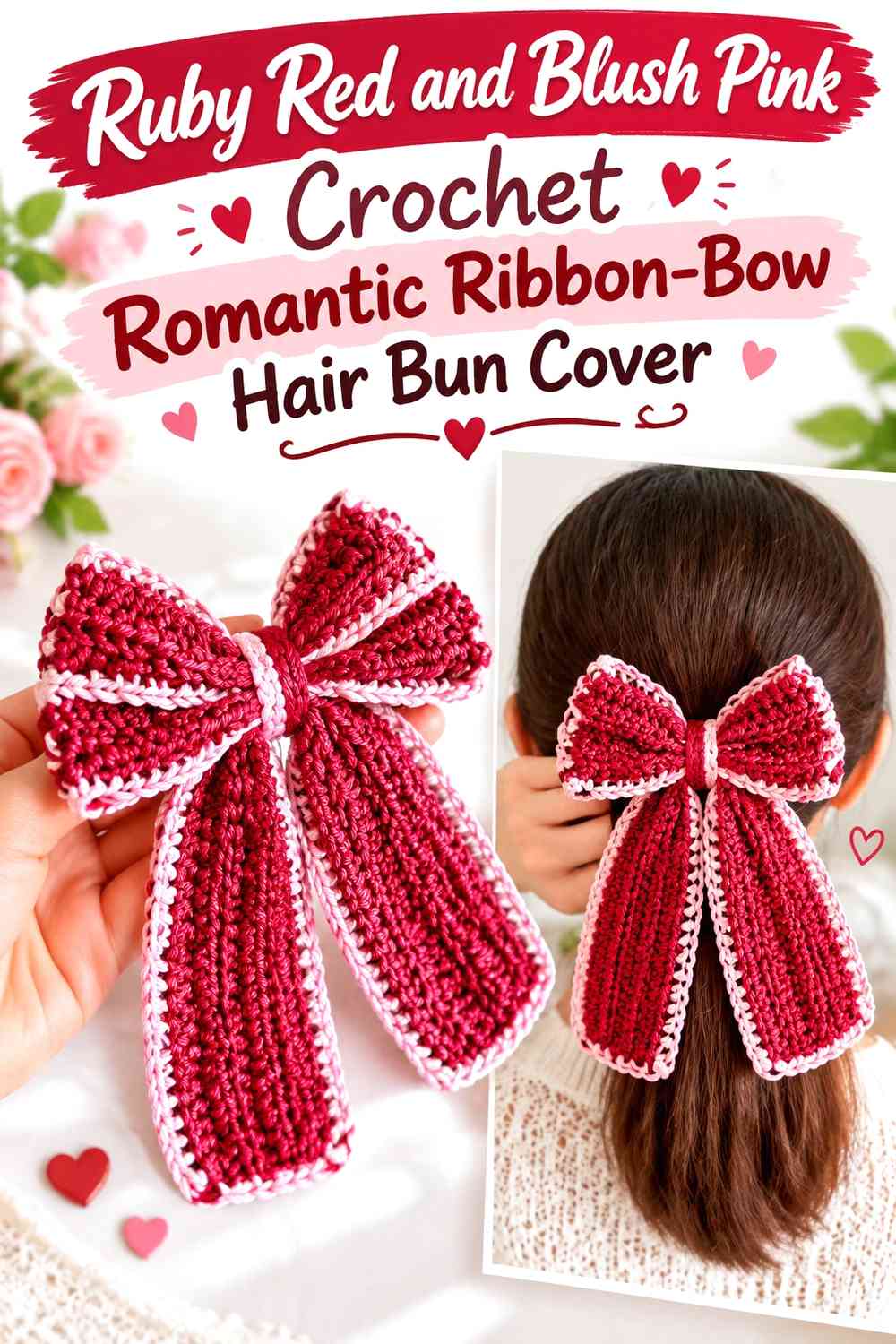 Ruby Red and Blush Pink Crochet Romantic Ribbon-Bow Hair Bun Cover