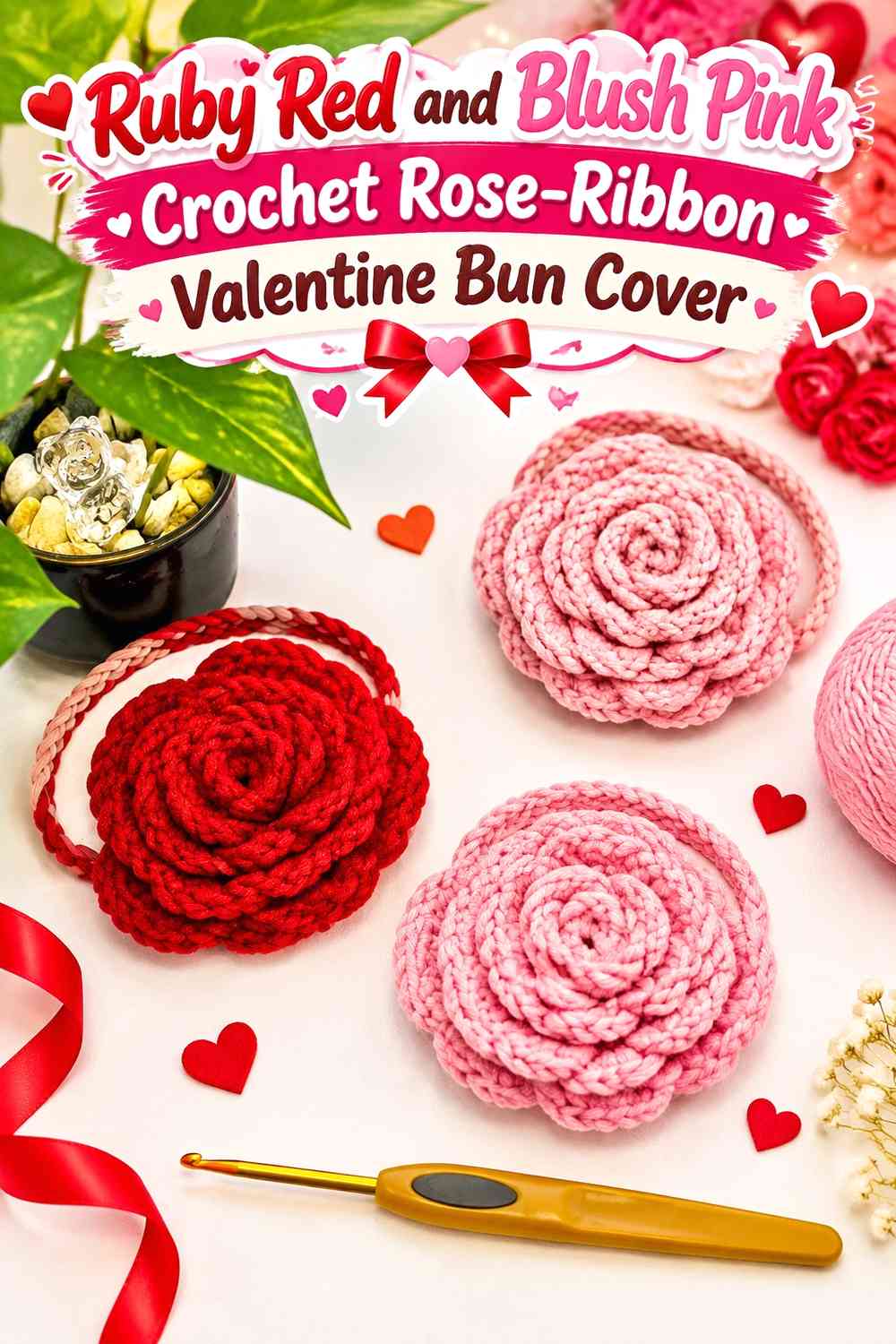 Ruby Red and Blush Pink Crochet Rose-Ribbon Valentine Bun Cover
