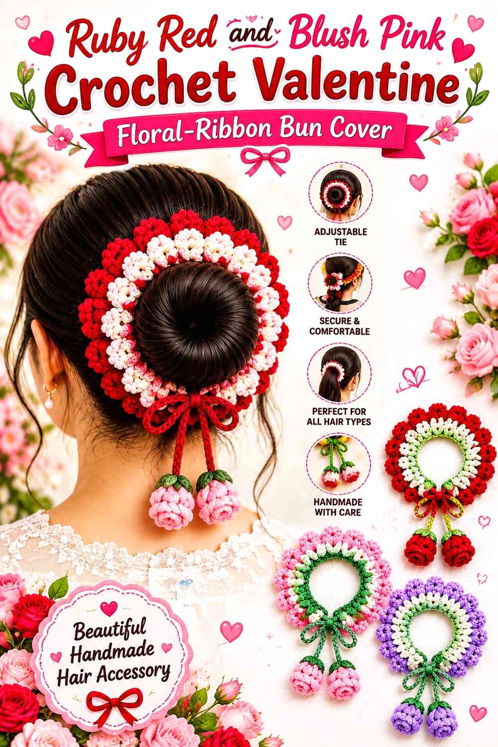 Ruby Red and Blush Pink Crochet Valentine Floral-Ribbon Bun Cover