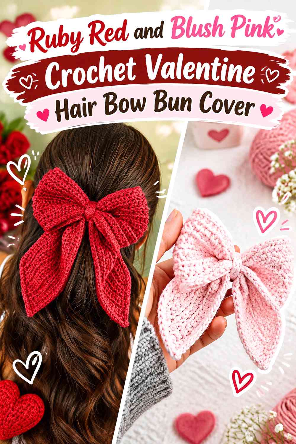 Ruby Red and Blush Pink Crochet Valentine Hair Bow Bun Cover