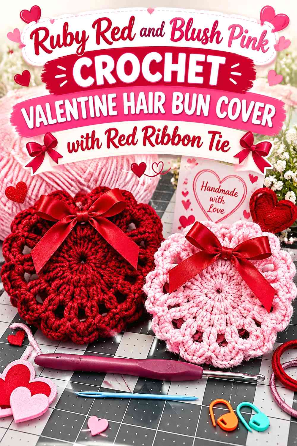 Ruby Red and Blush Pink Crochet Valentine Hair Bun Cover with Red Ribbon Tie