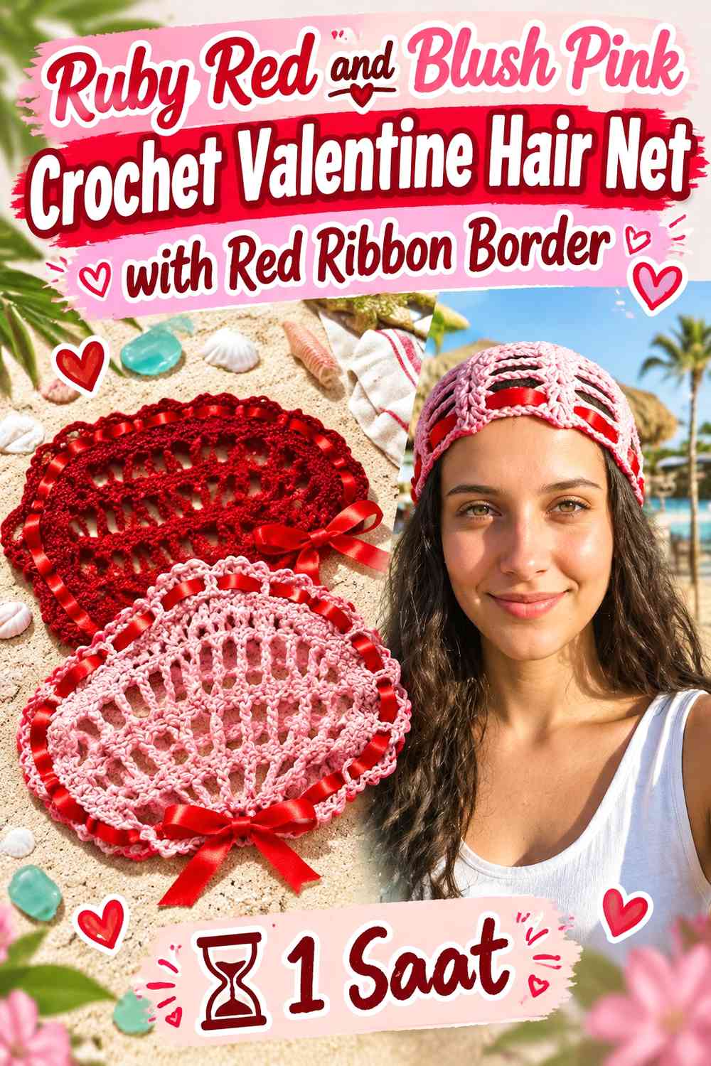 Ruby Red and Blush Pink Crochet Valentine Hair Net with Red Ribbon Border