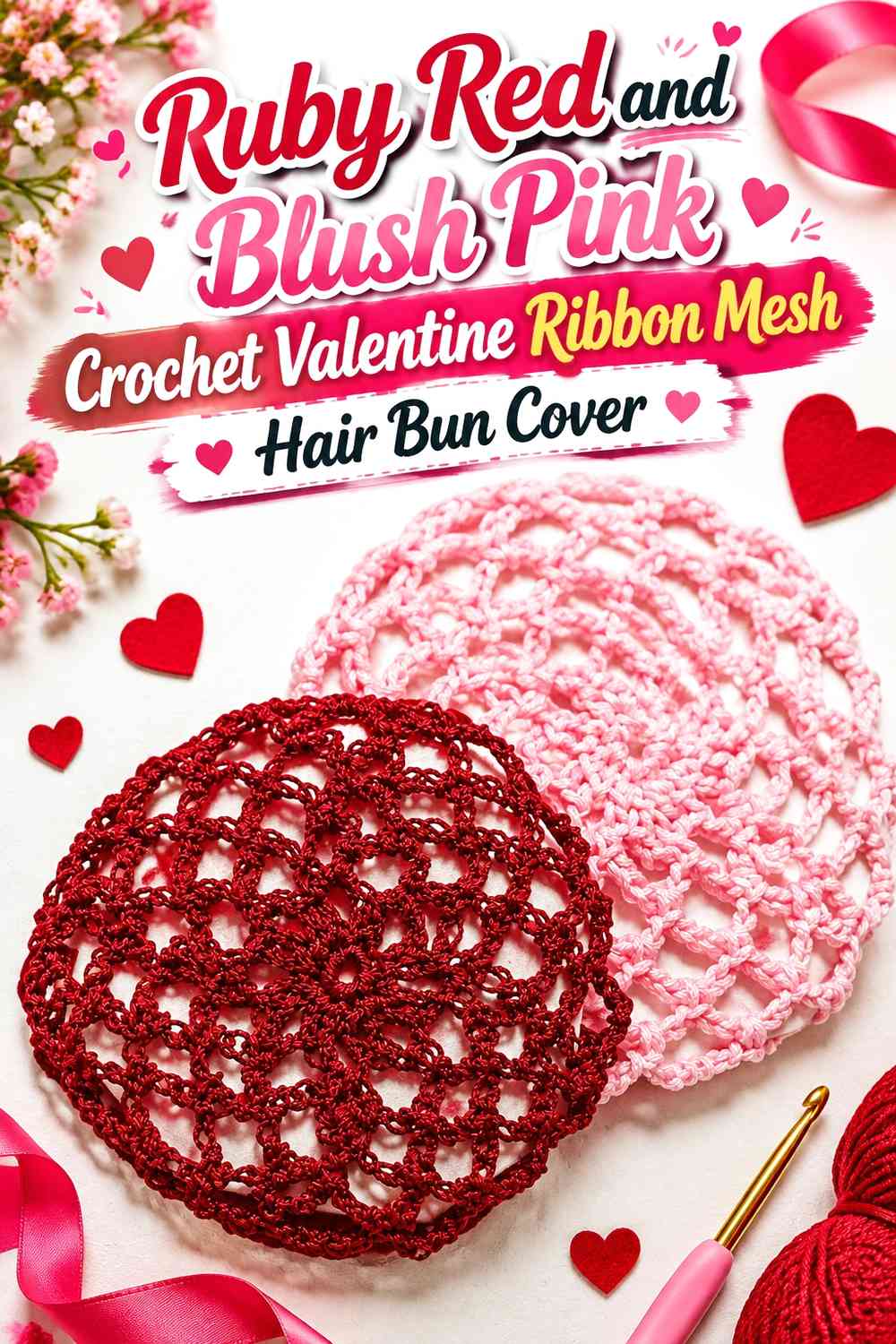 Ruby Red and Blush Pink Crochet Valentine Ribbon Mesh Hair Bun Cover
