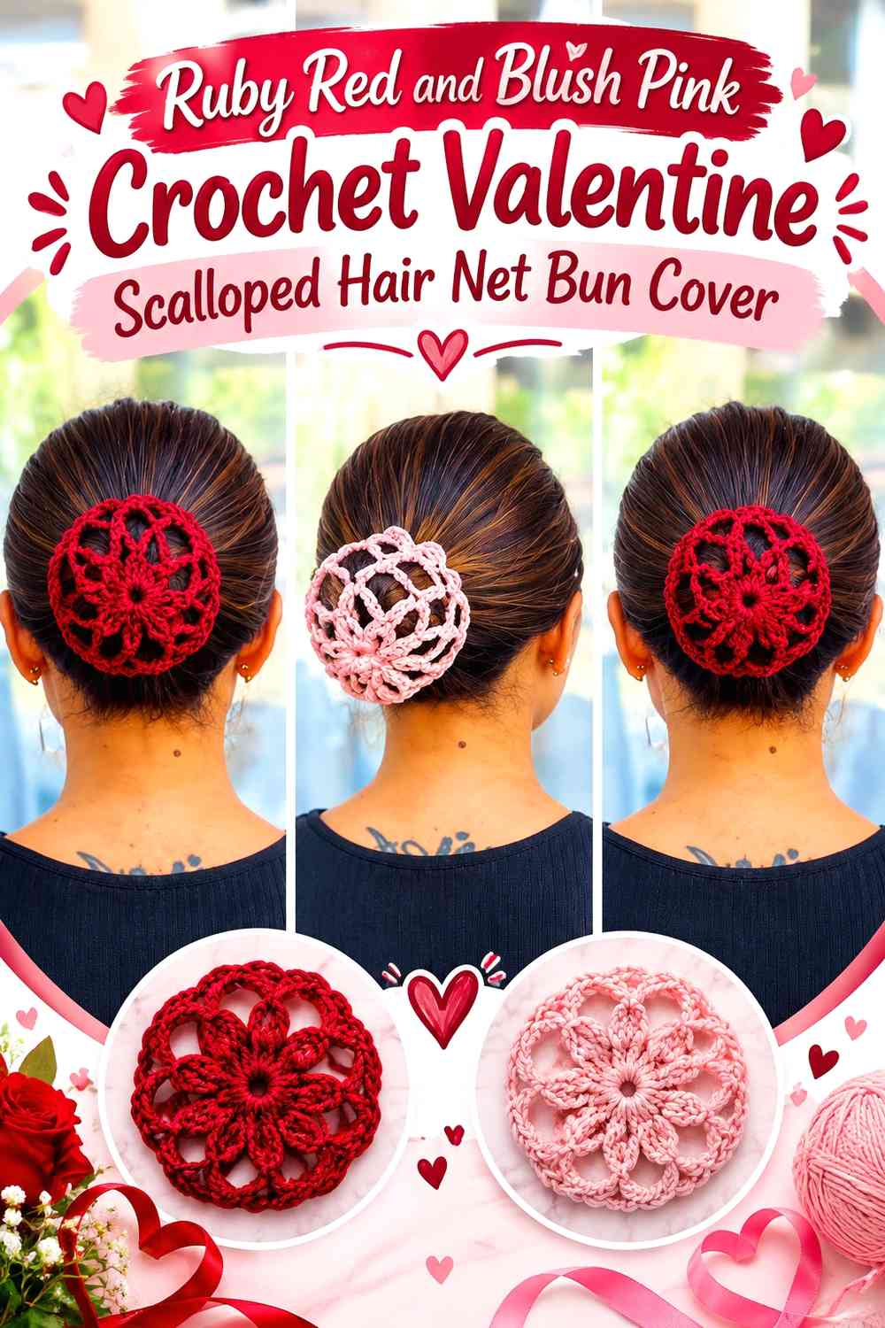 Ruby Red and Blush Pink Crochet Valentine Scalloped Hair Net Bun Cover