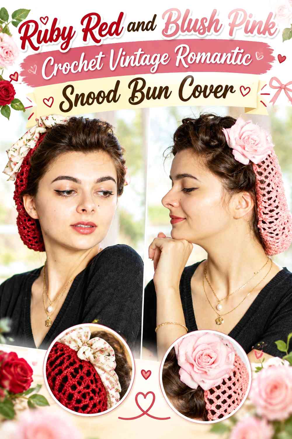 Ruby Red and Blush Pink Crochet Vintage Romantic Snood Bun Cover