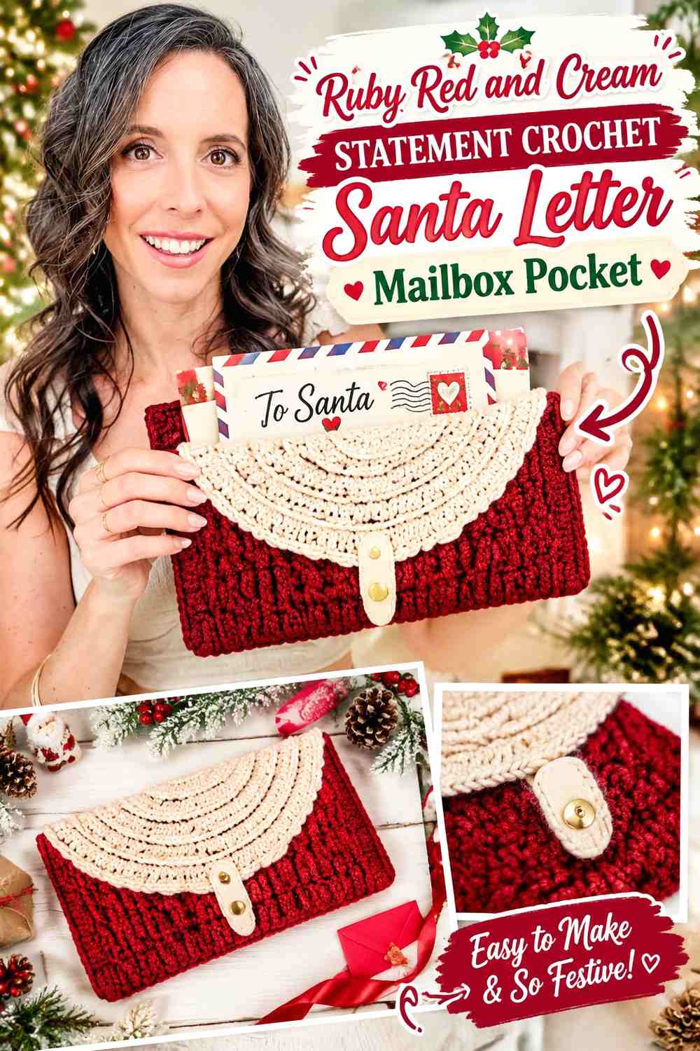 Ruby Red and Cream Statement Crochet Santa Letter Mailbox Pocket