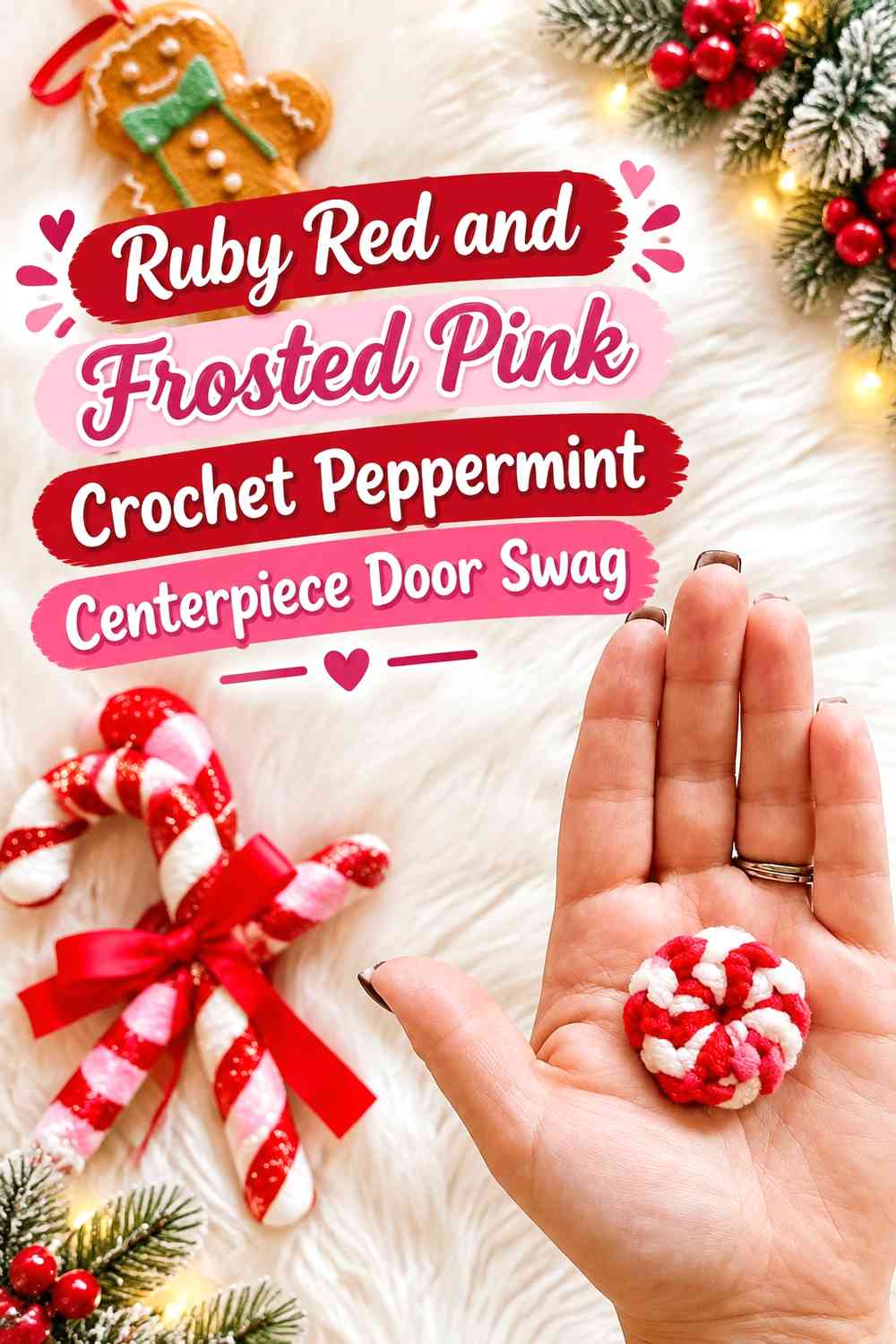 Ruby Red and Frosted Pink Crochet Peppermint Centerpiece Door Swag