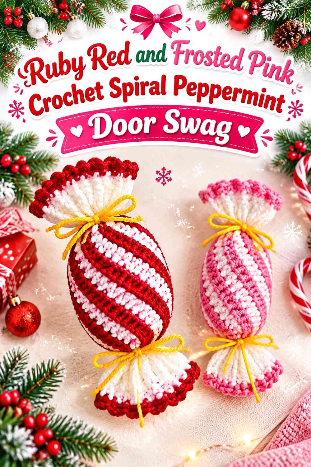 Ruby Red and Frosted Pink Crochet Spiral Peppermint Door Swag