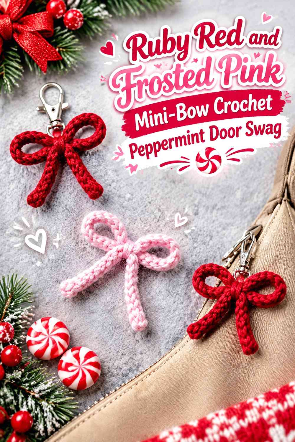 Ruby Red and Frosted Pink Mini-Bow Crochet Peppermint Door Swag