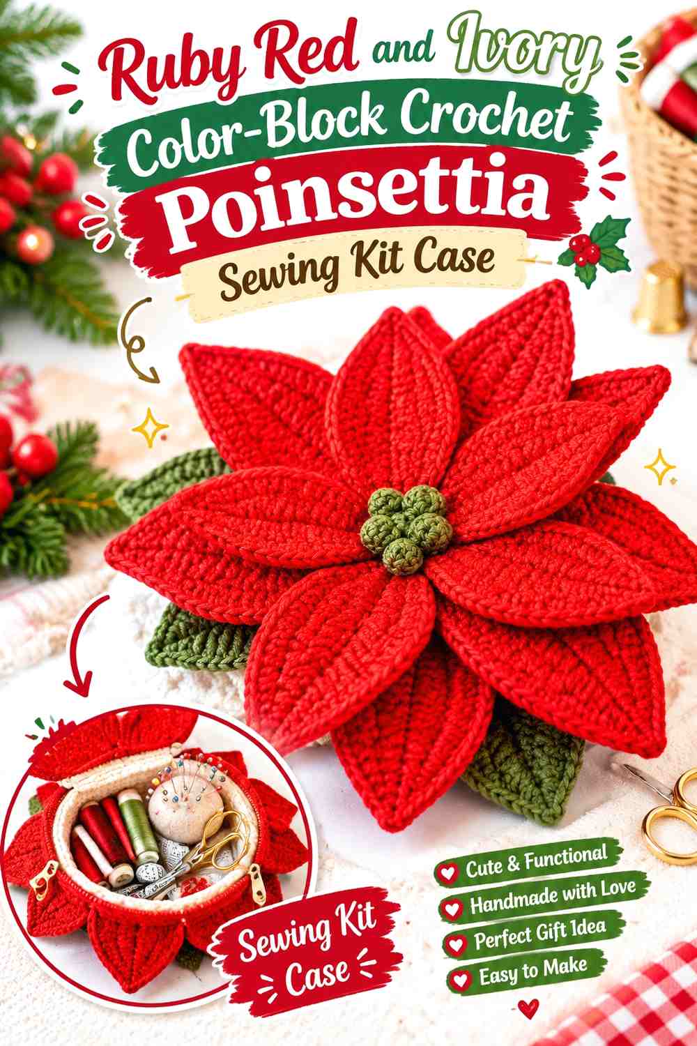 Ruby Red and Ivory Color-Block Crochet Poinsettia Sewing Kit Case
