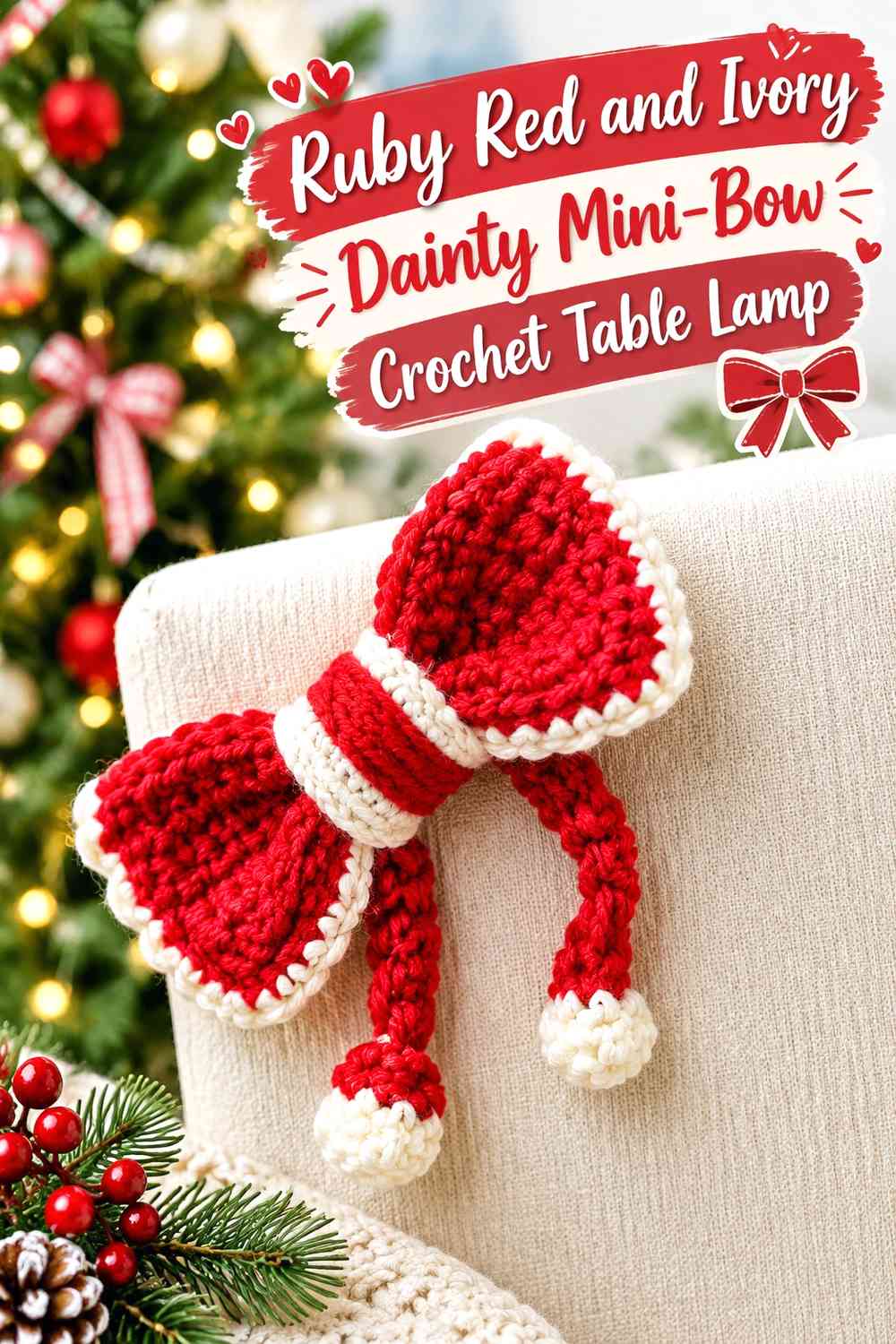 Ruby Red and Ivory Dainty Mini-Bow Crochet Table Lamp