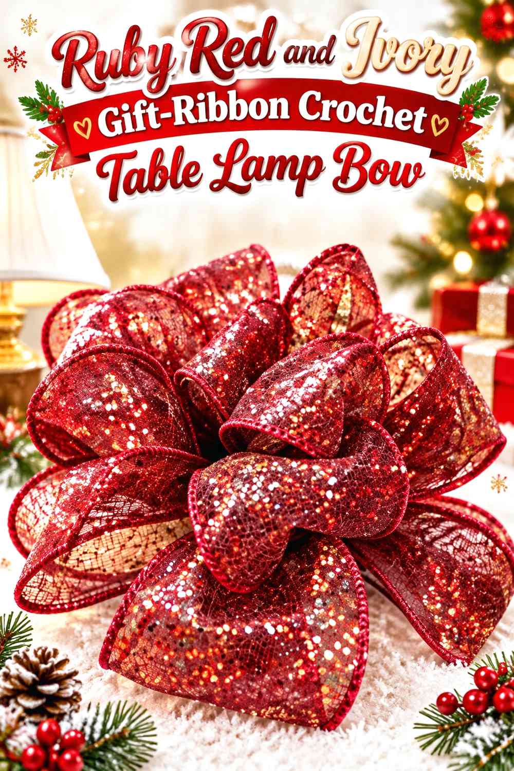 Ruby Red and Ivory Gift-Ribbon Crochet Table Lamp Bow