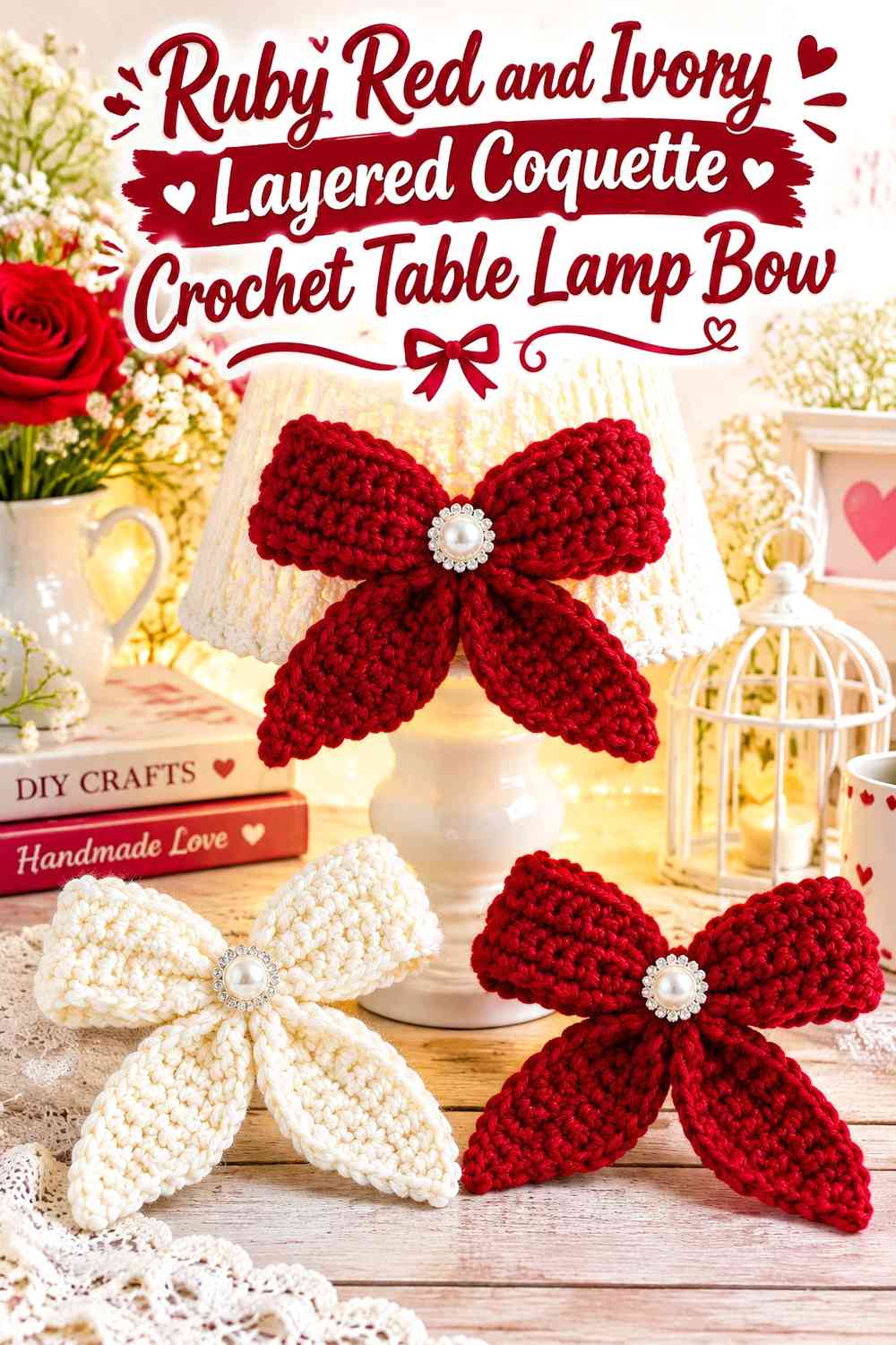 Ruby Red and Ivory Layered Coquette Crochet Table Lamp Bow