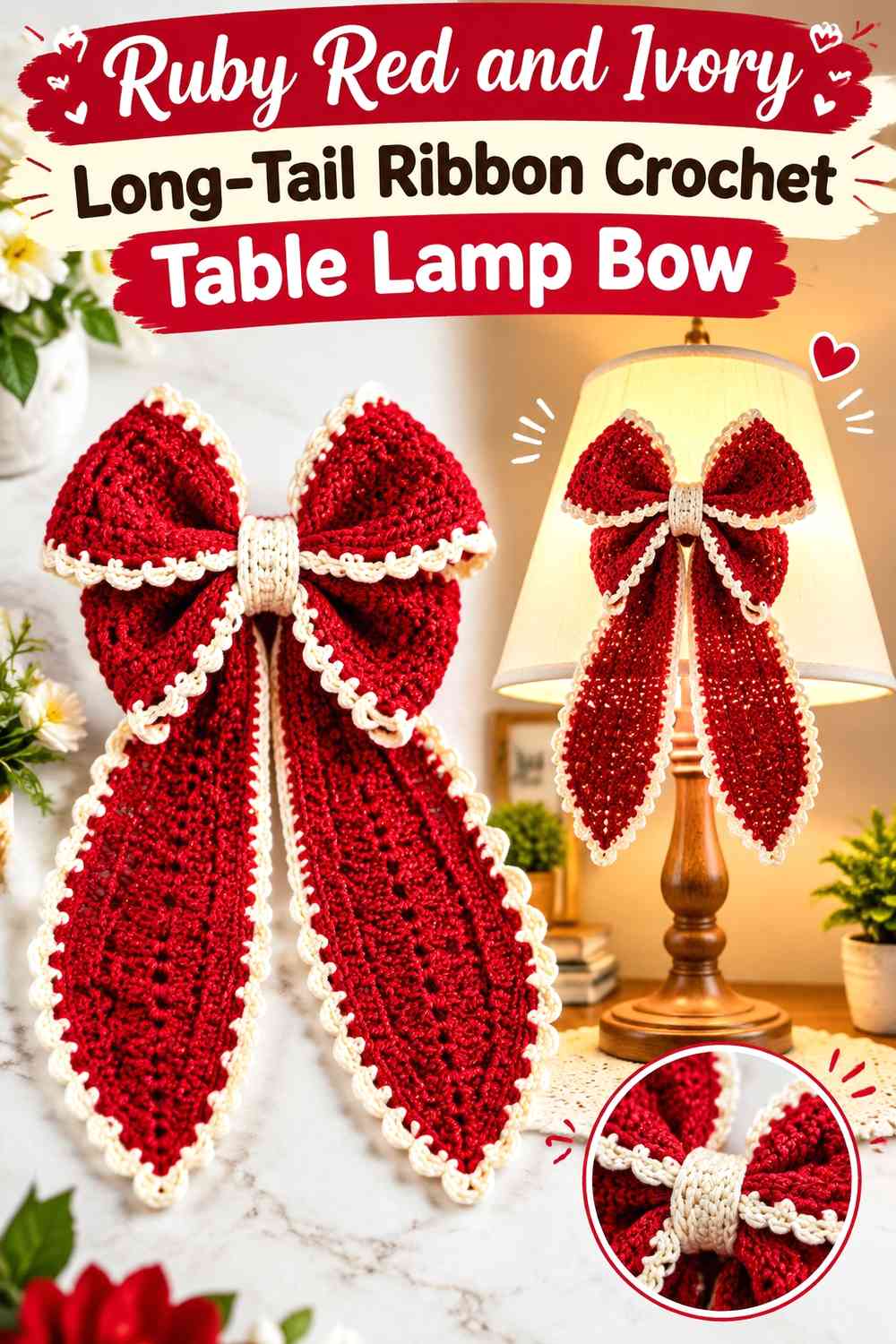 Ruby Red and Ivory Long-Tail Ribbon Crochet Table Lamp Bow