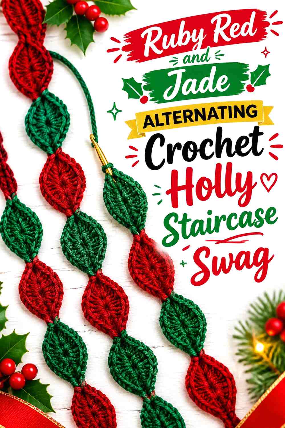 Ruby Red and Jade Alternating Crochet Holly Staircase Swag