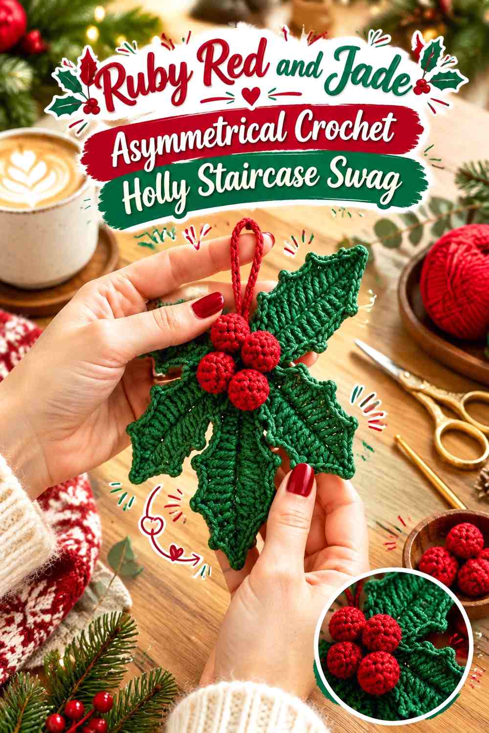 Ruby Red and Jade Asymmetrical Crochet Holly Staircase Swag